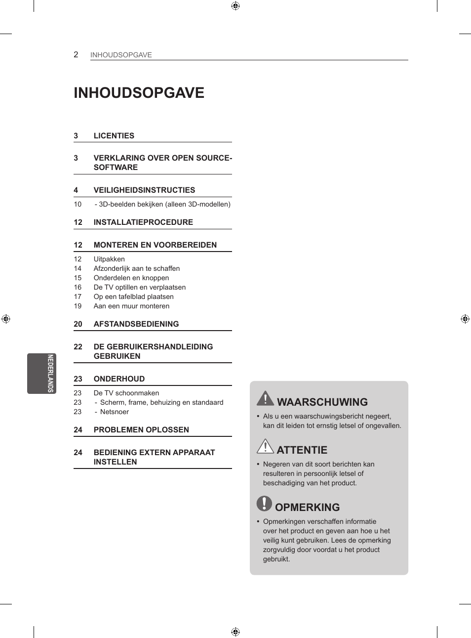 Inhoudsopgave, Waarschuwing, Attentie | Opmerking | LG 42LN5406 User Manual | Page 178 / 256