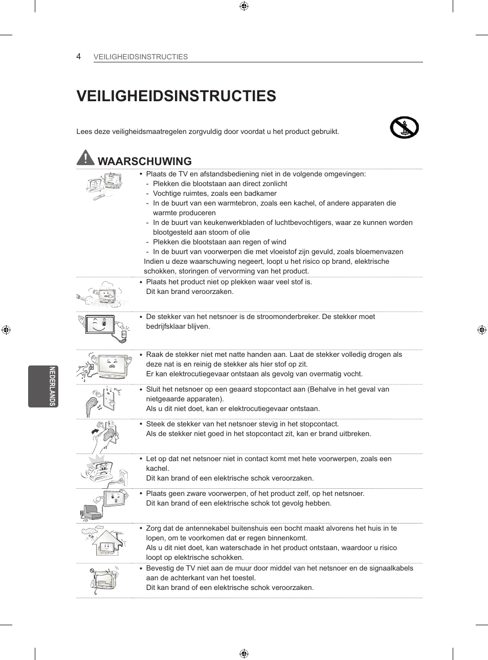 Veiligheidsinstructies, Waarschuwing | LG 42LN5406 User Manual | Page 180 / 256