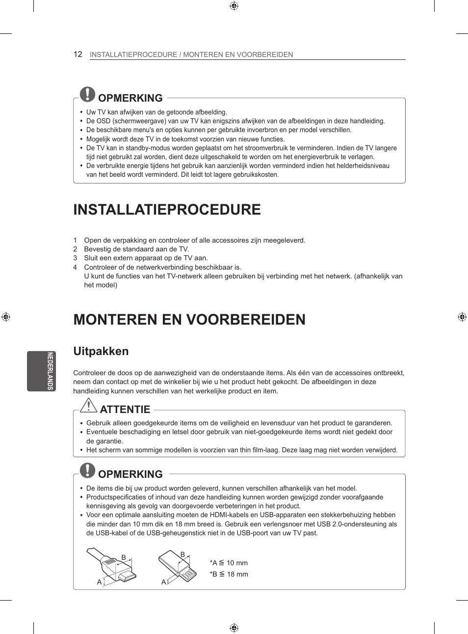 Installatieprocedure, Monteren en voorbereiden, Uitpakken | Opmerking, Attentie | LG 42LN5406 User Manual | Page 188 / 256