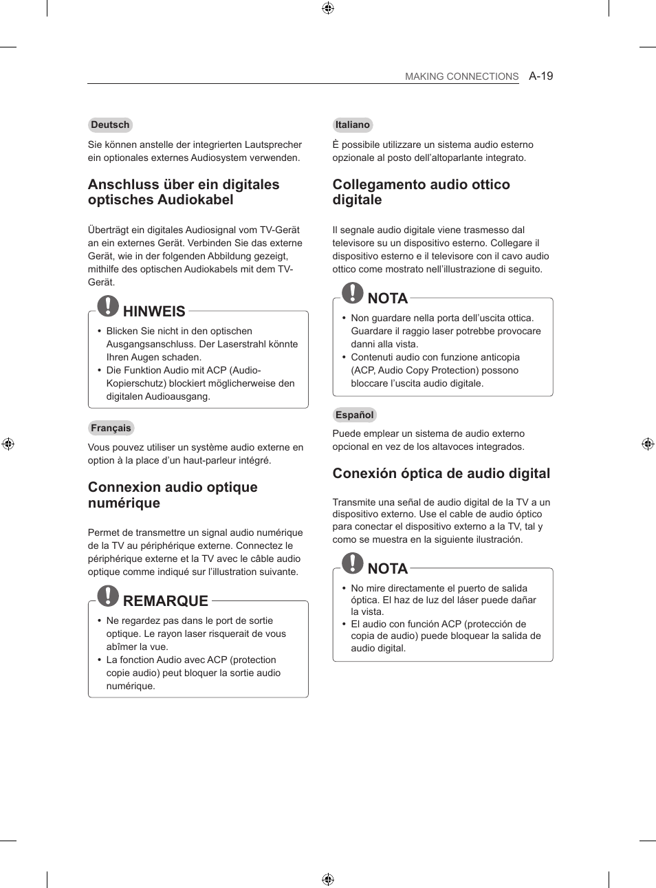 Hinweis, Remarque, Nota | Anschluss über ein digitales optisches audiokabel, Connexion audio optique numérique, Collegamento audio ottico digitale, Conexión óptica de audio digital | LG 42LN5406 User Manual | Page 19 / 256