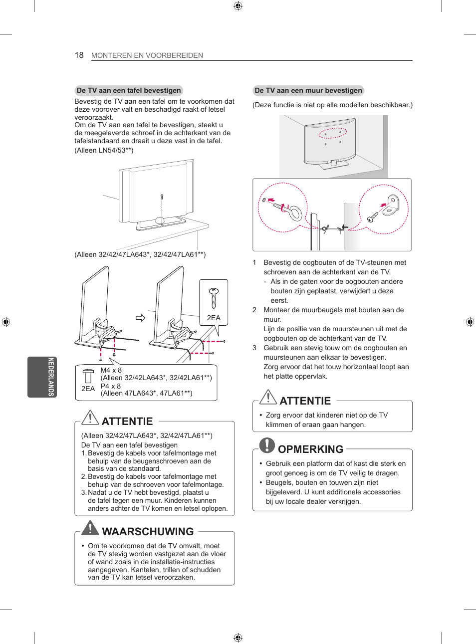 Attentie, Waarschuwing, Opmerking | LG 42LN5406 User Manual | Page 194 / 256