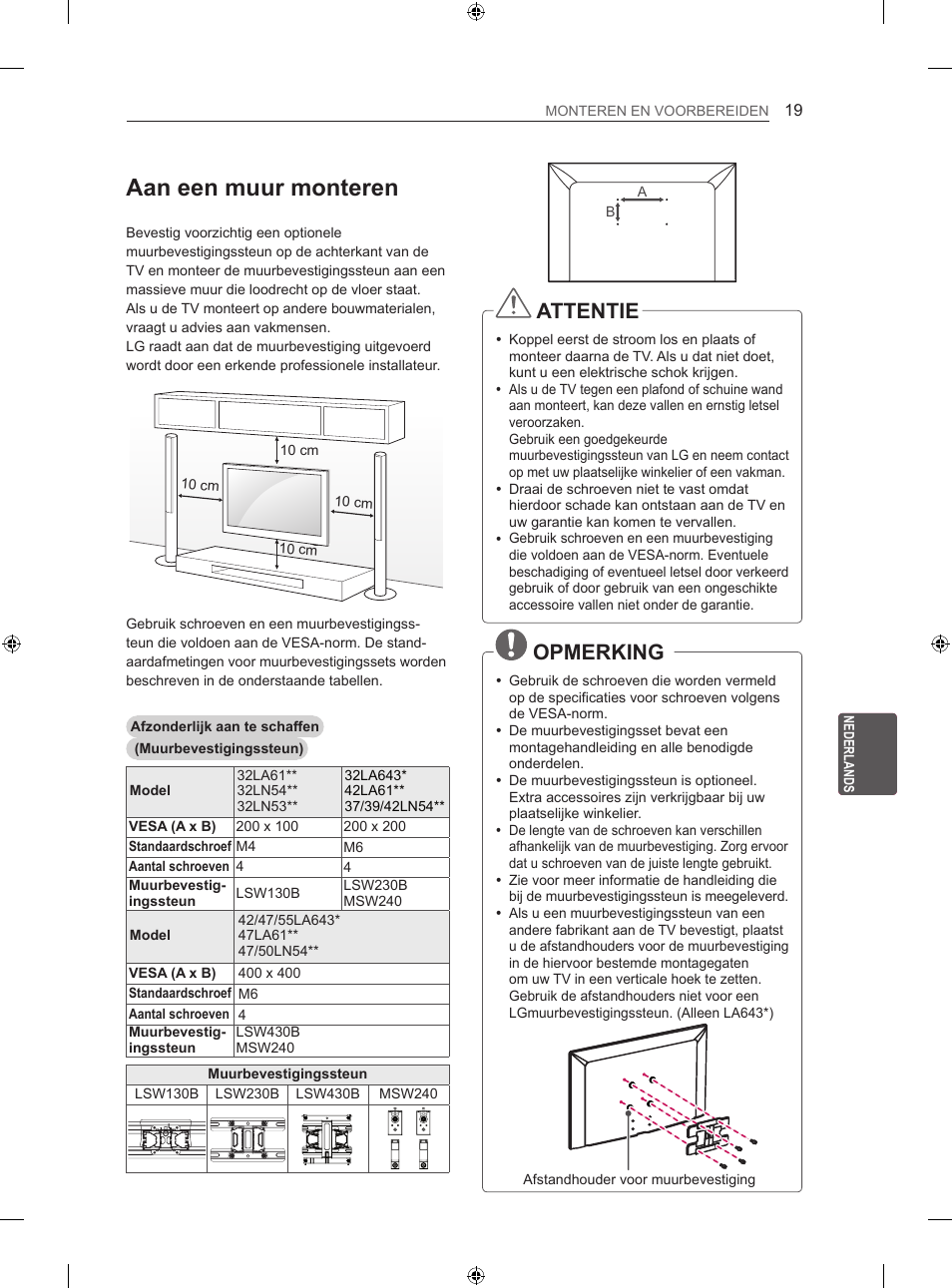Aan een muur monteren, Attentie, Opmerking | LG 42LN5406 User Manual | Page 195 / 256
