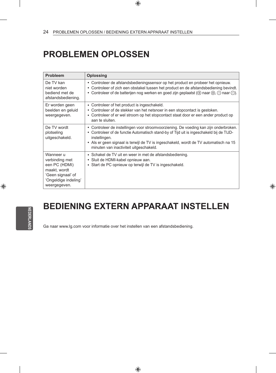 Problemen oplossen, Bediening extern apparaat instellen | LG 42LN5406 User Manual | Page 200 / 256