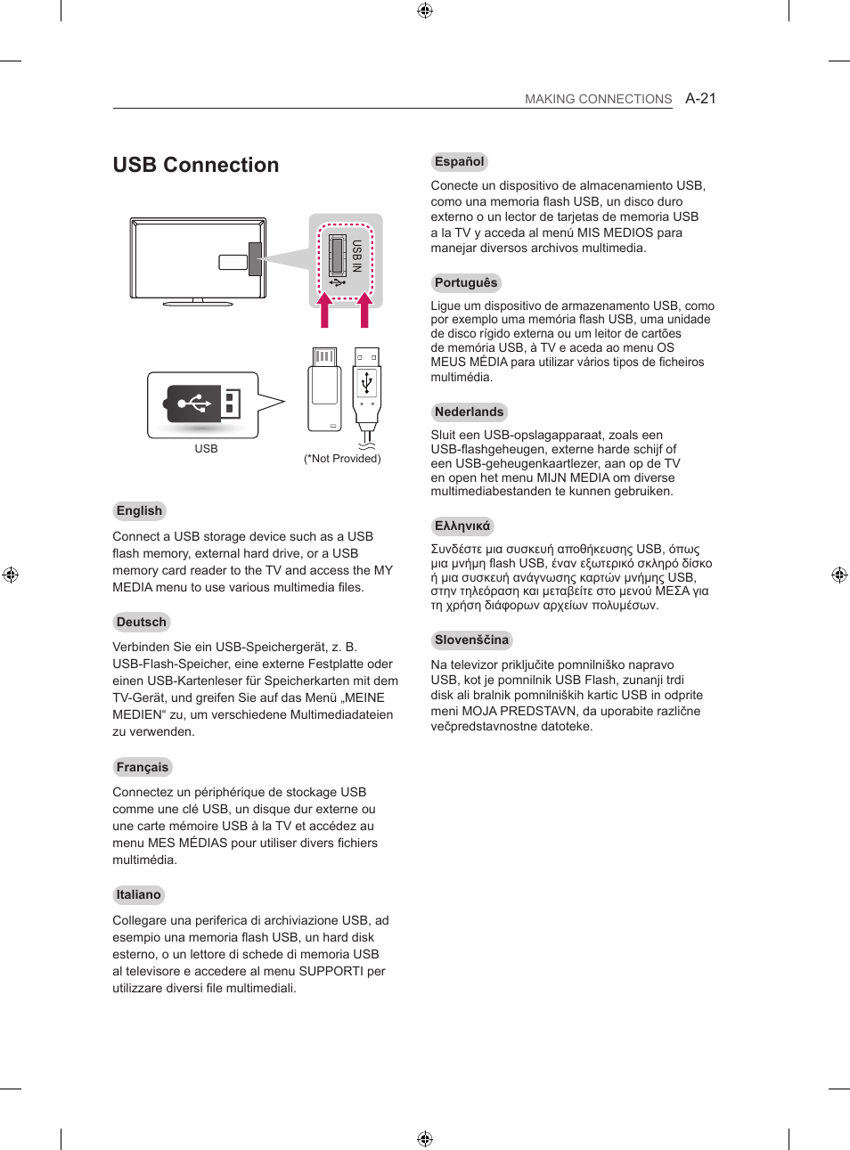 Usb connection | LG 42LN5406 User Manual | Page 21 / 256