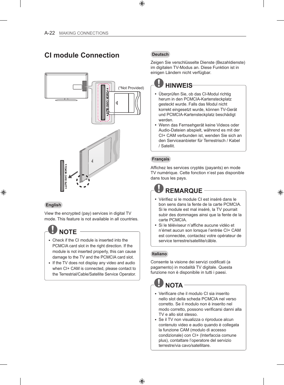 Ci module connection, Hinweis, Remarque | Nota | LG 42LN5406 User Manual | Page 22 / 256