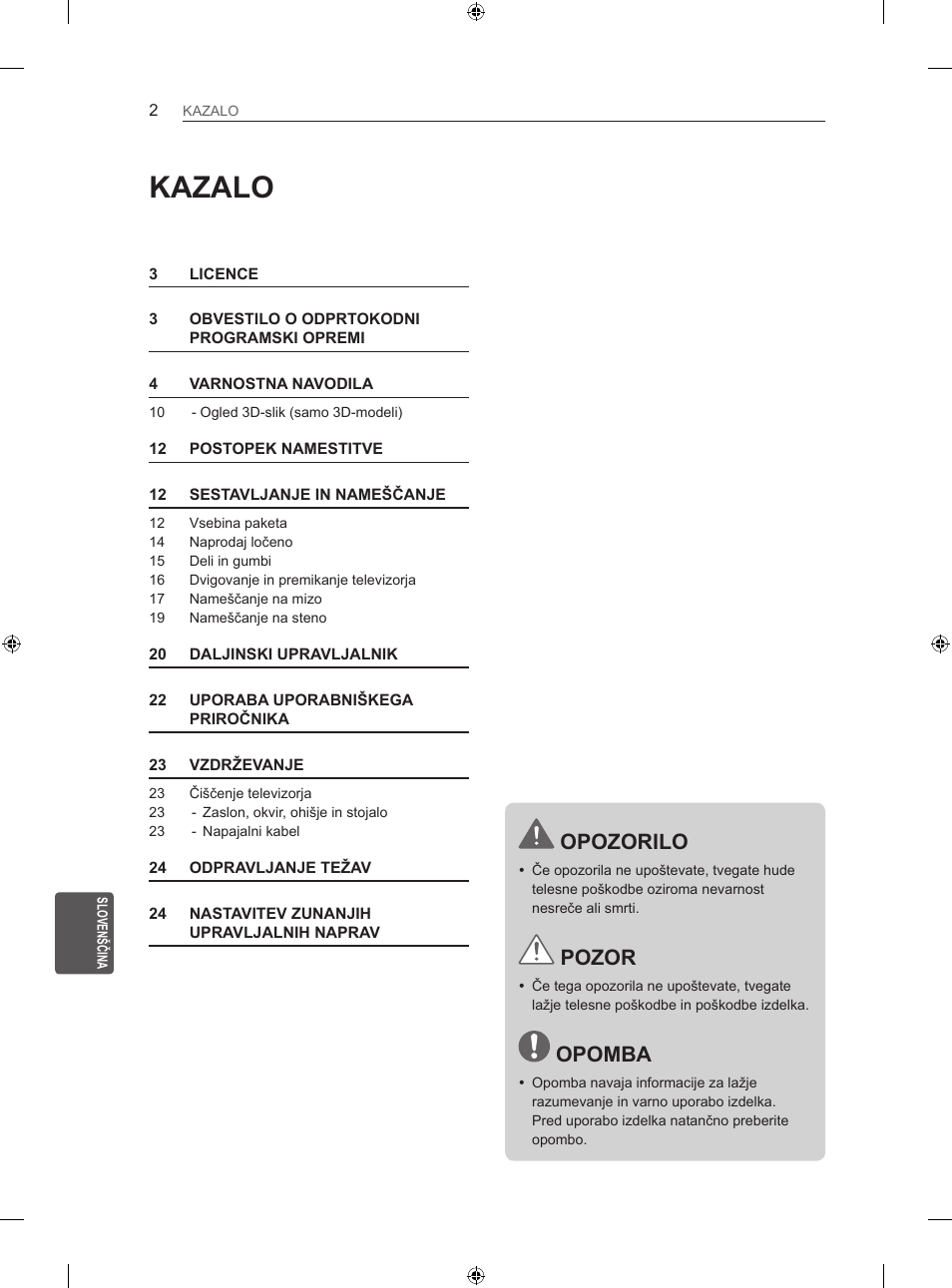 Kazalo, Opozorilo, Pozor | Opomba | LG 42LN5406 User Manual | Page 226 / 256