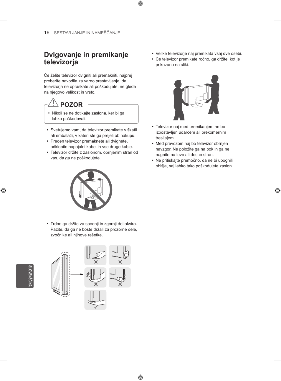 Dvigovanje in premikanje televizorja, Pozor | LG 42LN5406 User Manual | Page 240 / 256