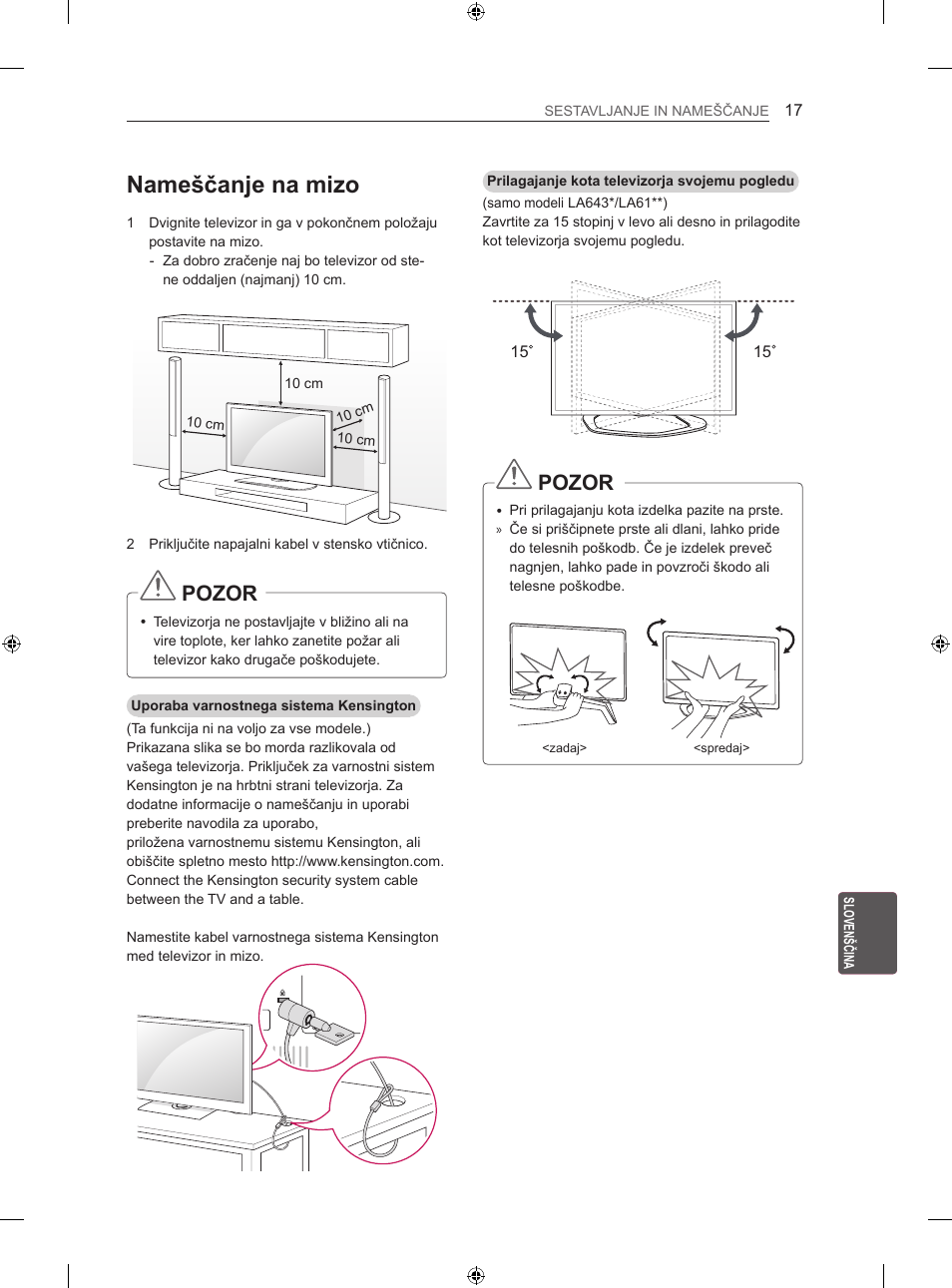 Nameščanje na mizo, Pozor | LG 42LN5406 User Manual | Page 241 / 256