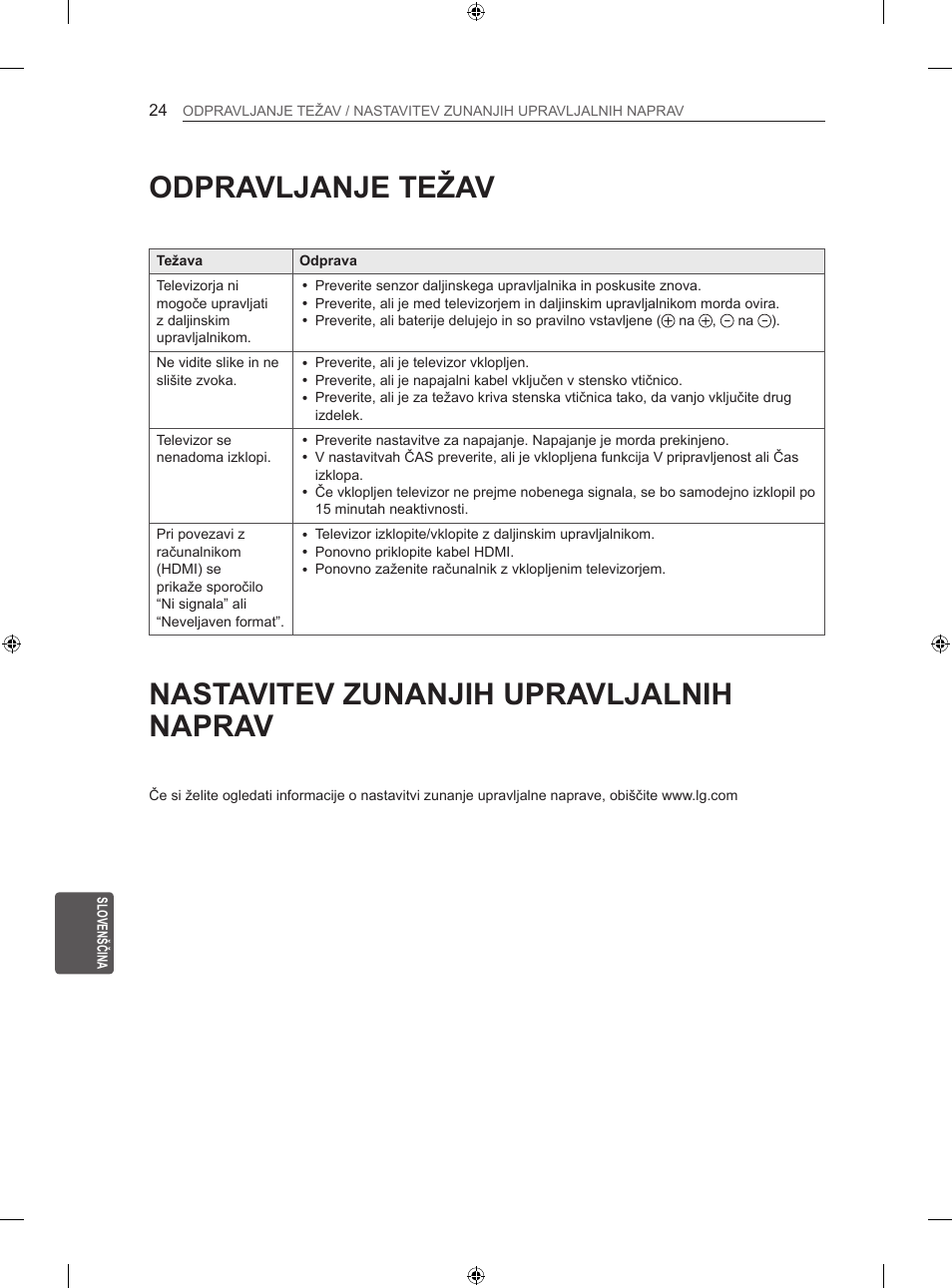 Odpravljanje težav, Nastavitev zunanjih upravljalnih naprav | LG 42LN5406 User Manual | Page 248 / 256