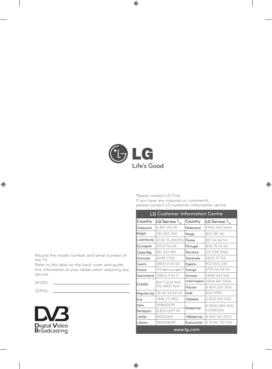 Customer information centre | LG 42LN5406 User Manual | Page 256 / 256