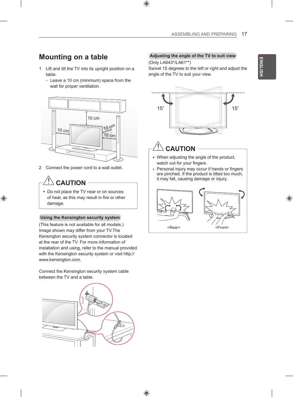 Mounting on a table, Caution | LG 42LN5406 User Manual | Page 47 / 256