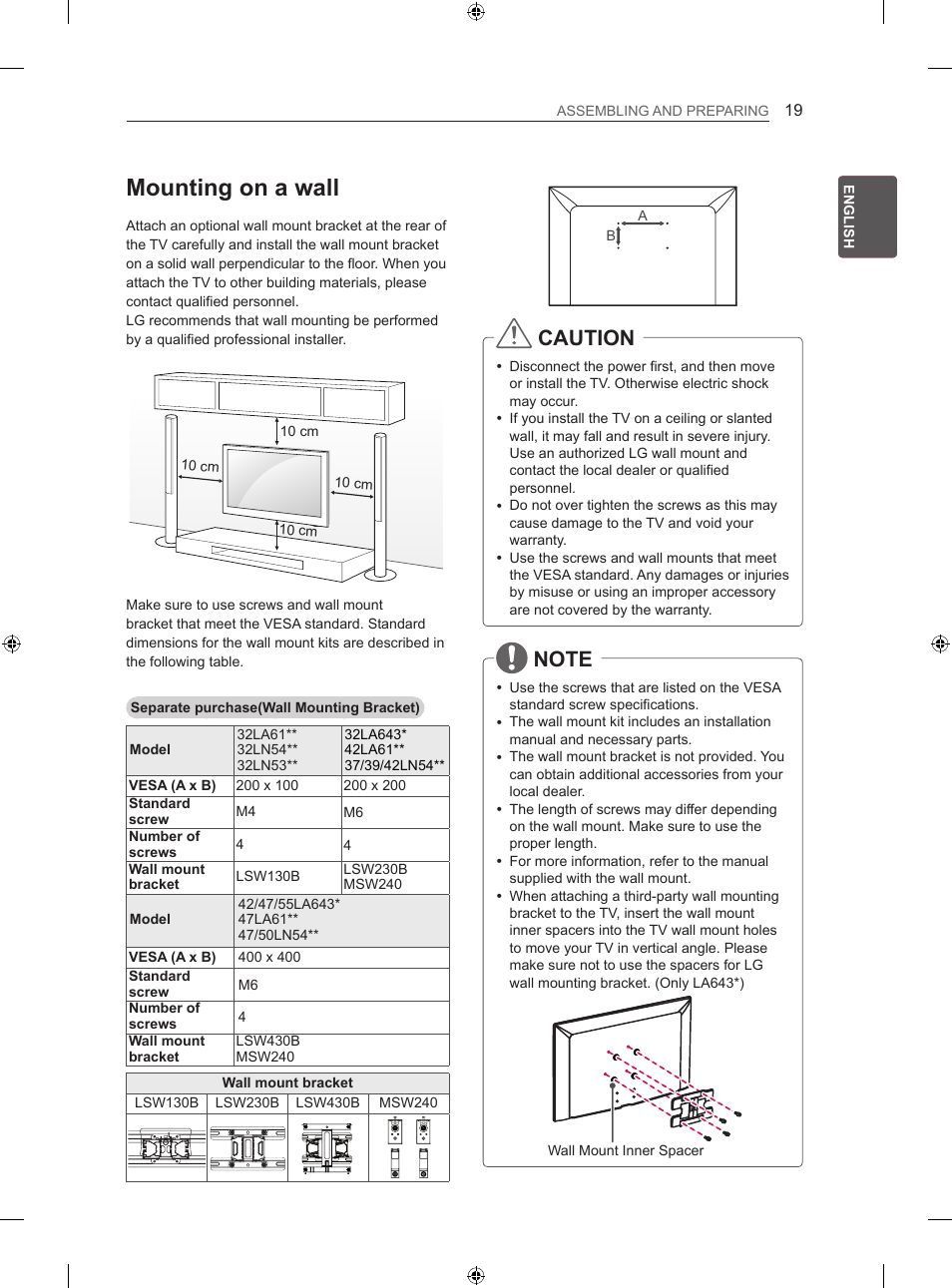Mounting on a wall, Caution | LG 42LN5406 User Manual | Page 49 / 256