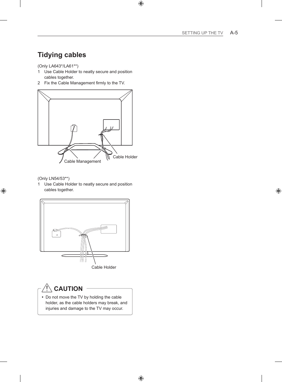 Tidying cables, Caution | LG 42LN5406 User Manual | Page 5 / 256