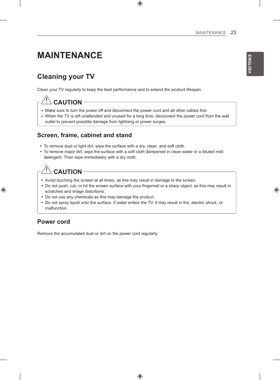 Maintenance, Cleaning your tv, Caution | Screen, frame, cabinet and stand, Power cord | LG 42LN5406 User Manual | Page 53 / 256