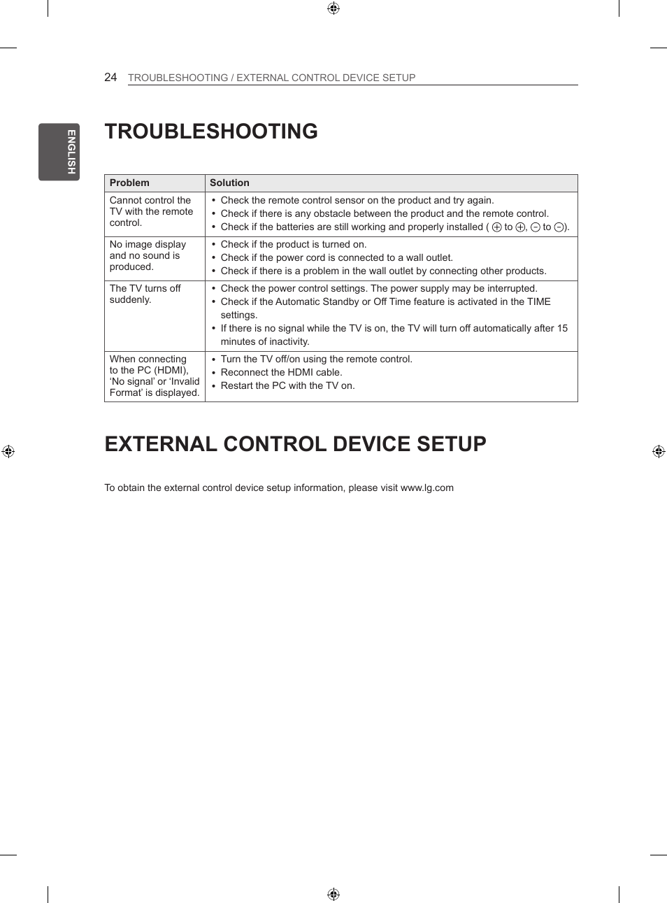 Troubleshooting, External control device setup | LG 42LN5406 User Manual | Page 54 / 256