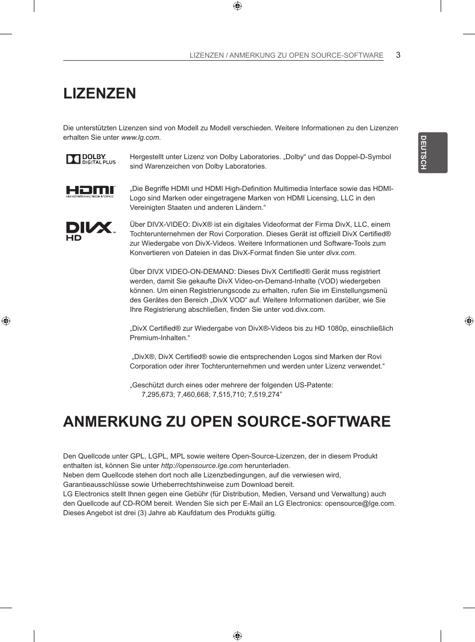 Lizenzen, Anmerkung zu open source-software | LG 42LN5406 User Manual | Page 57 / 256