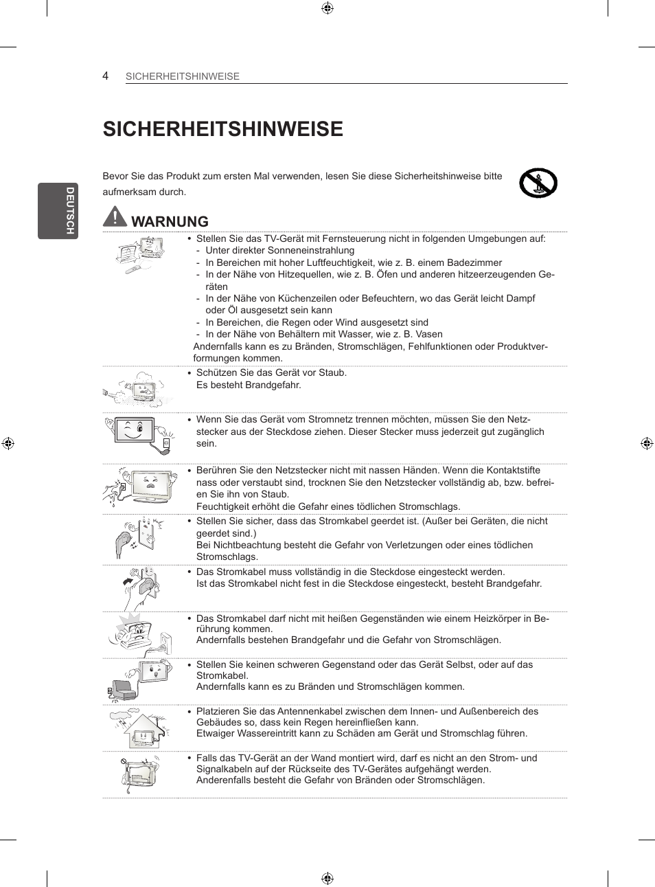 Sicherheitshinweise, Warnung | LG 42LN5406 User Manual | Page 58 / 256