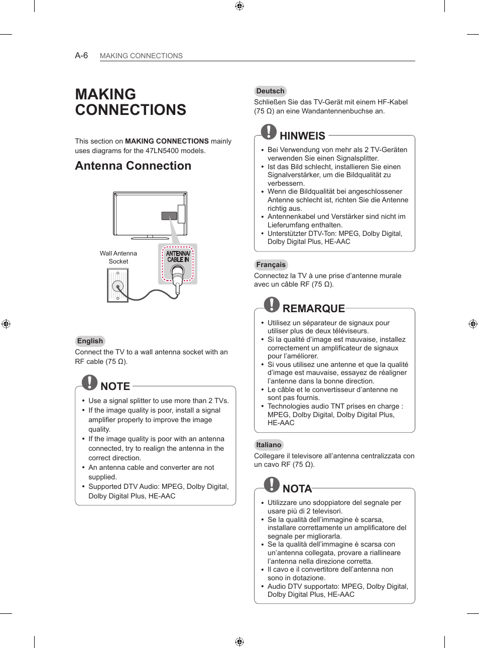 Making connections, Antenna connection, Hinweis | Remarque, Nota | LG 42LN5406 User Manual | Page 6 / 256