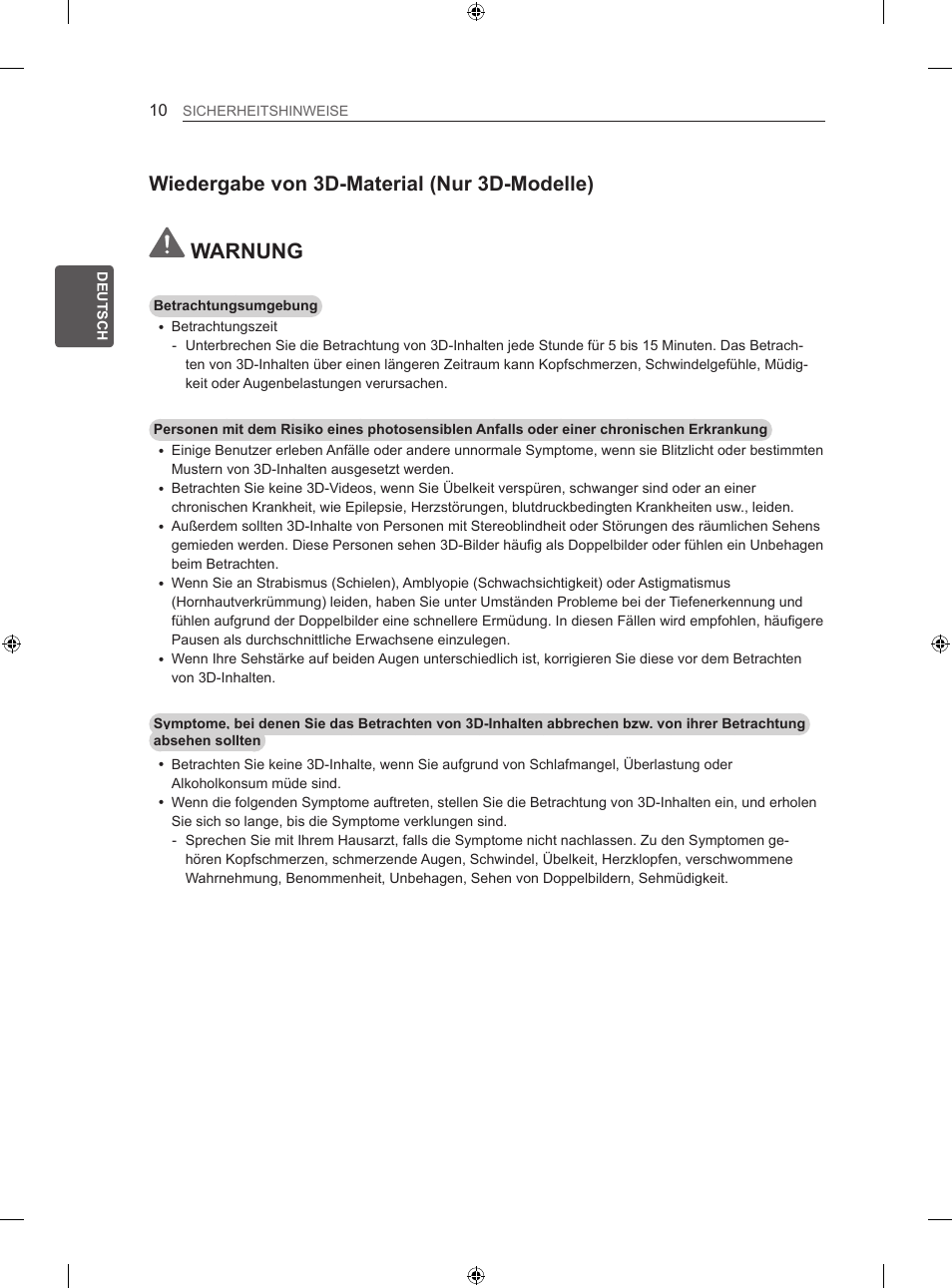 Warnung, Wiedergabe von 3d-material (nur 3d-modelle) | LG 42LN5406 User Manual | Page 64 / 256