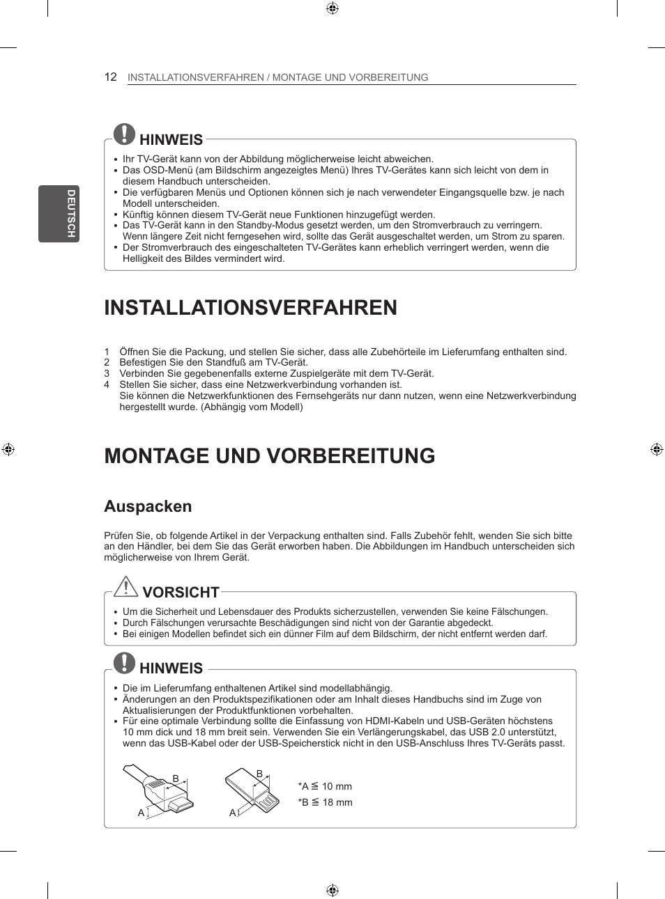 Installationsverfahren, Montage und vorbereitung, Auspacken | Hinweis, Vorsicht | LG 42LN5406 User Manual | Page 66 / 256