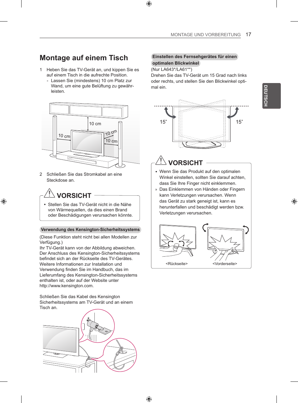 Montage auf einem tisch, Vorsicht | LG 42LN5406 User Manual | Page 71 / 256