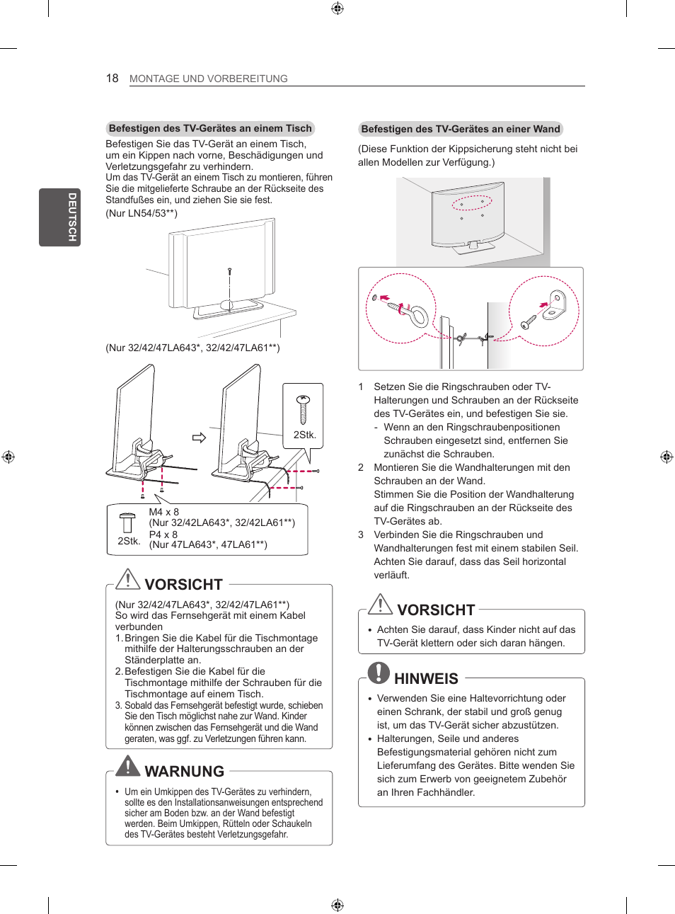 Vorsicht, Warnung, Hinweis | LG 42LN5406 User Manual | Page 72 / 256