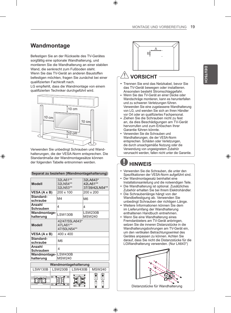 Wandmontage, Vorsicht, Hinweis | LG 42LN5406 User Manual | Page 73 / 256