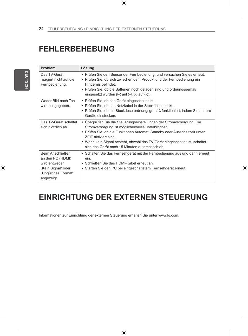 Fehlerbehebung, Einrichtung der externen steuerung | LG 42LN5406 User Manual | Page 78 / 256