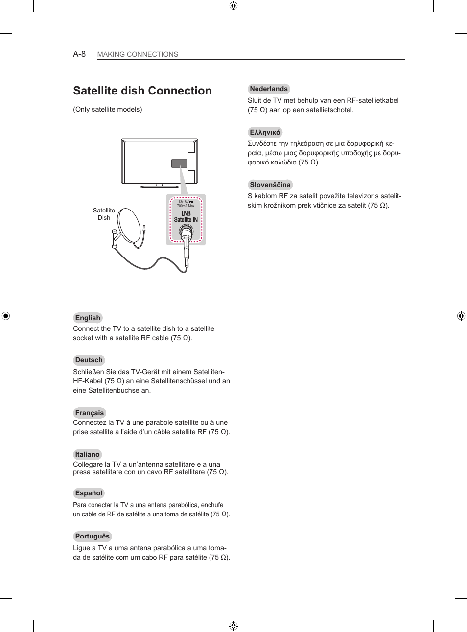 Satellite dish connection | LG 42LN5406 User Manual | Page 8 / 256