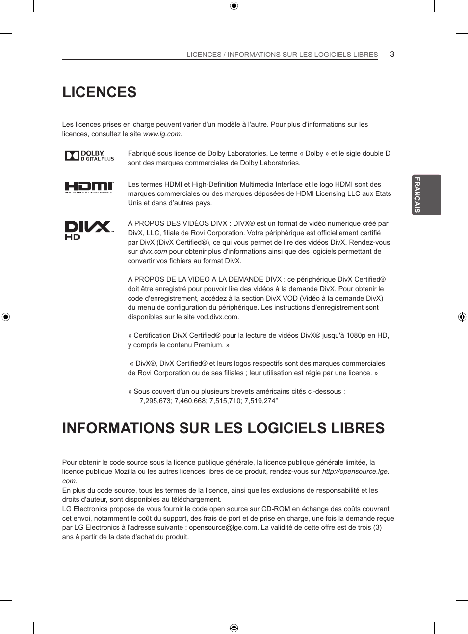 Licences, Informations sur les logiciels libres | LG 42LN5406 User Manual | Page 81 / 256