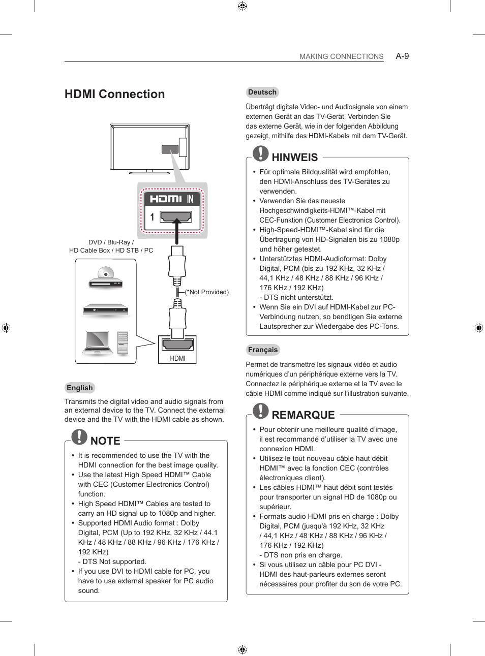 Hdmi connection, Hinweis, Remarque | LG 42LN5406 User Manual | Page 9 / 256