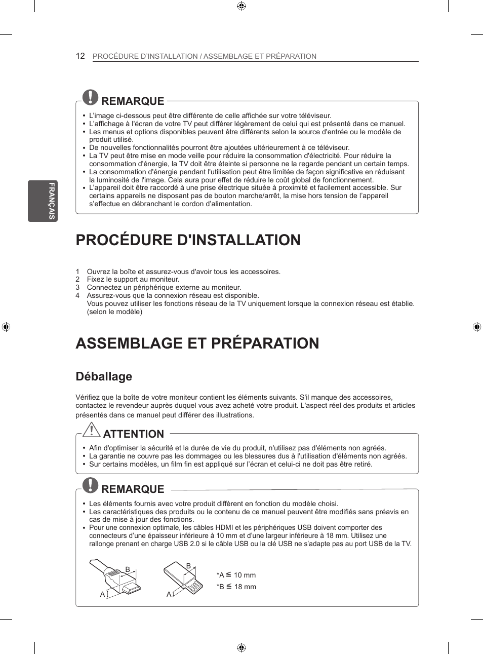 Procédure d'installation, Assemblage et préparation, Déballage | Remarque, Attention | LG 42LN5406 User Manual | Page 90 / 256