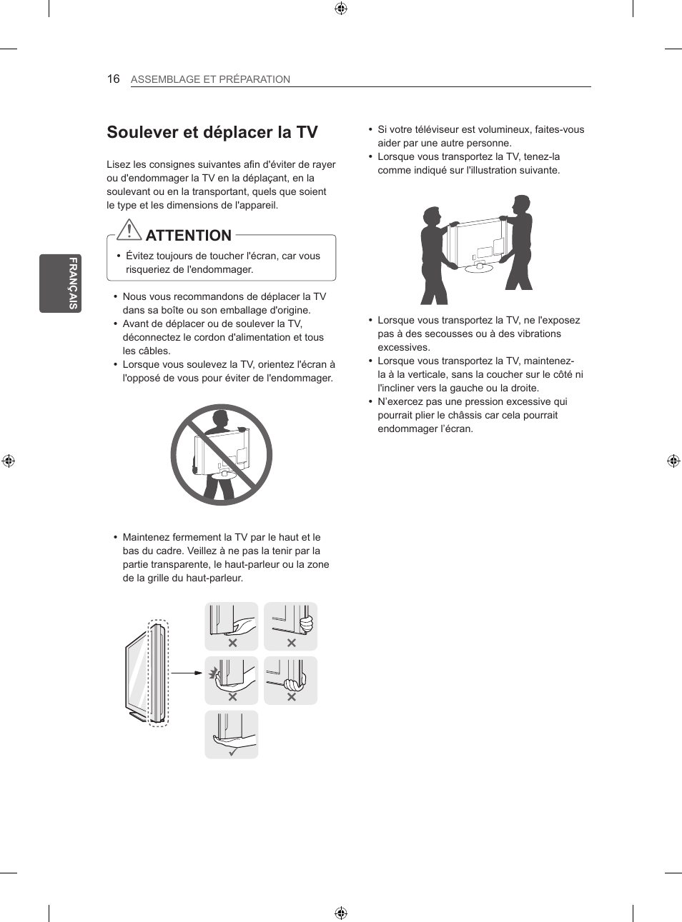 Soulever et déplacer la tv, Attention | LG 42LN5406 User Manual | Page 94 / 256