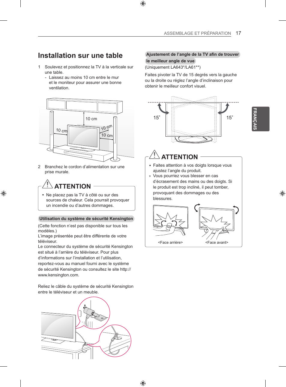 Installation sur une table, Attention | LG 42LN5406 User Manual | Page 95 / 256