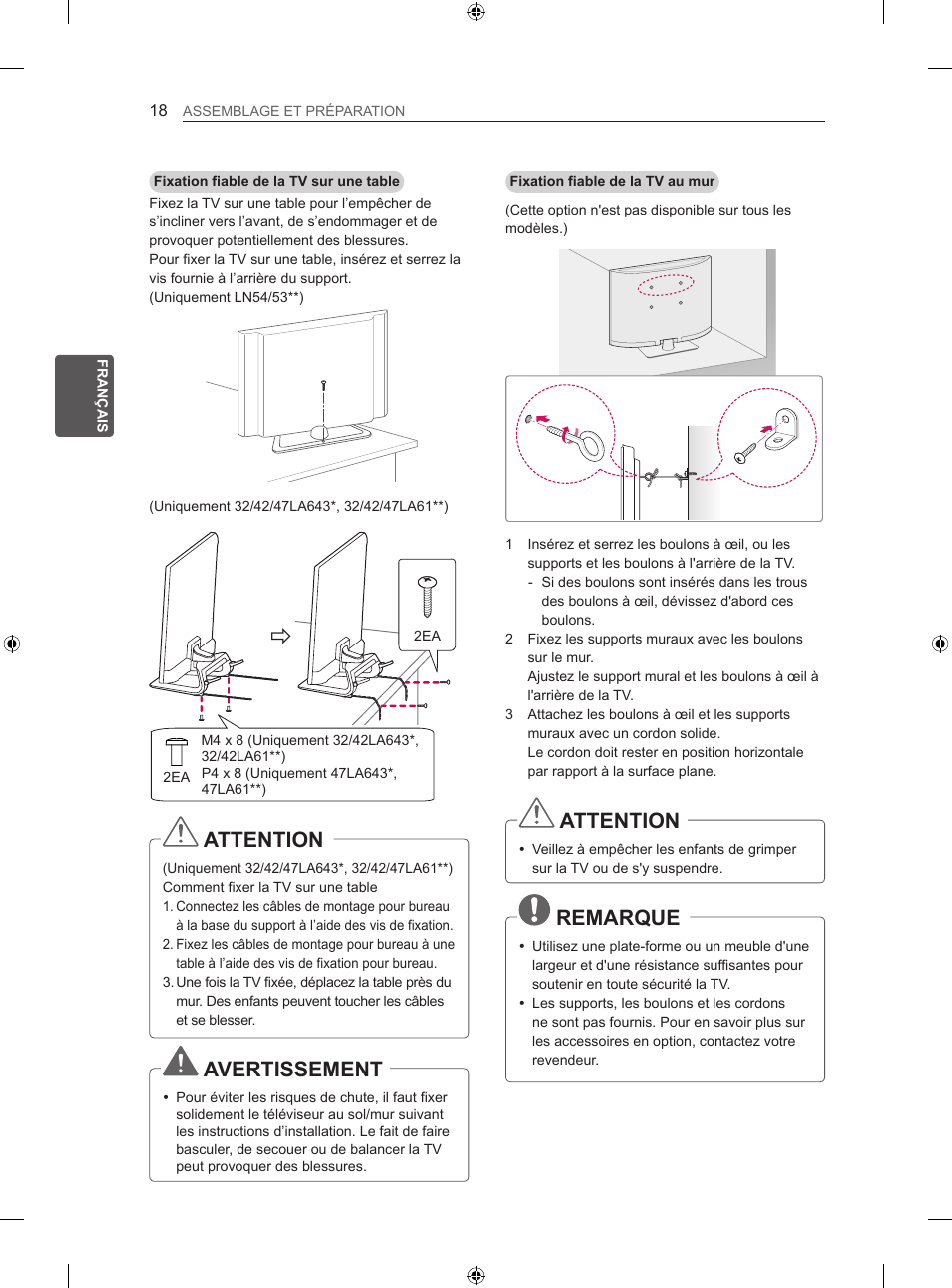 Attention, Avertissement, Remarque | LG 42LN5406 User Manual | Page 96 / 256