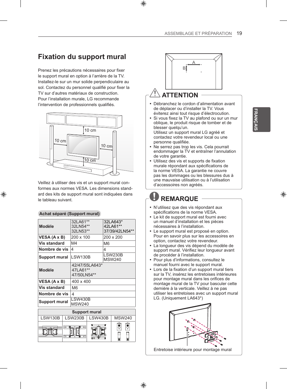 Fixation du support mural, Attention, Remarque | LG 42LN5406 User Manual | Page 97 / 256