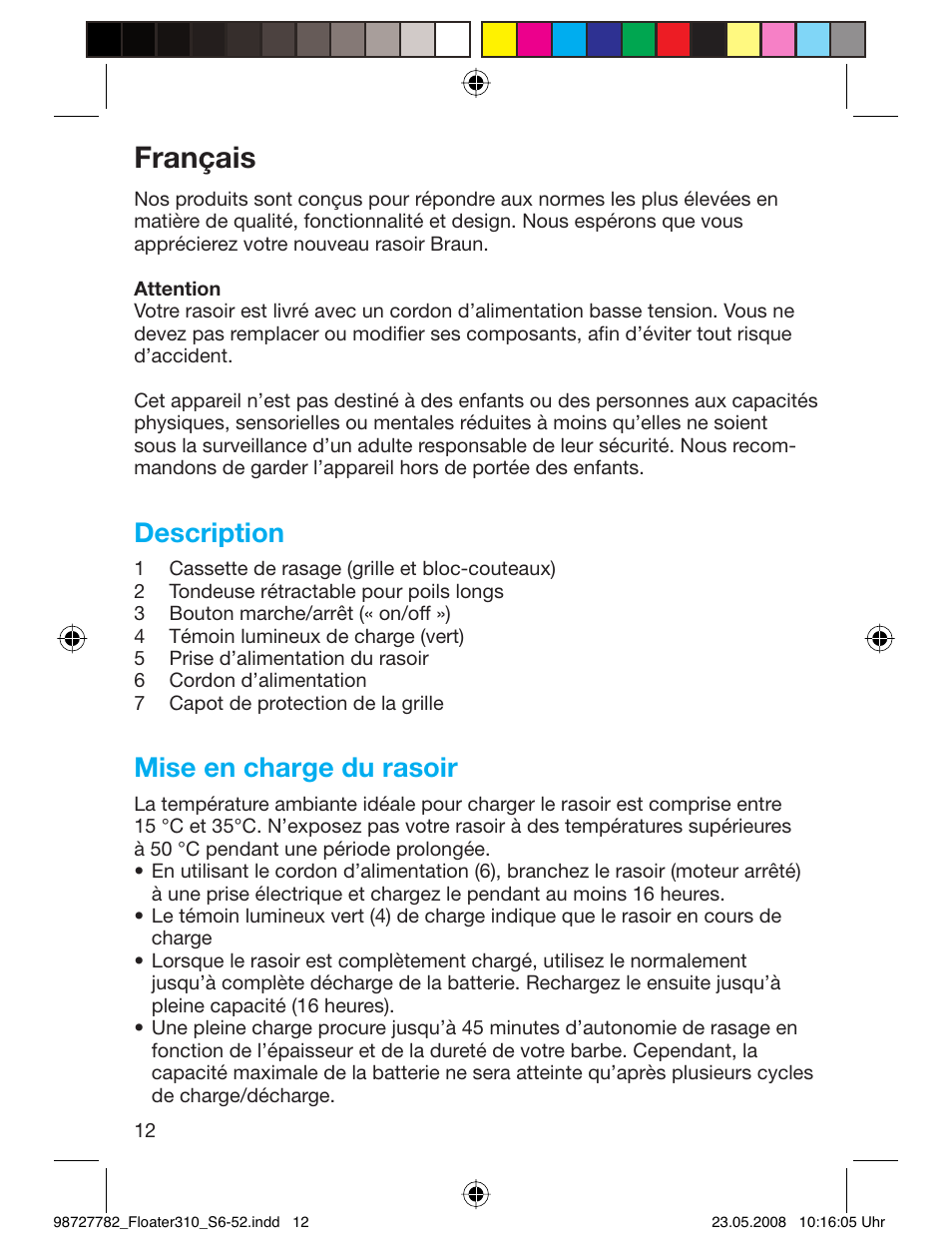 Français, Description, Mise en charge du rasoir | Braun 310 Series 3 User Manual | Page 11 / 49