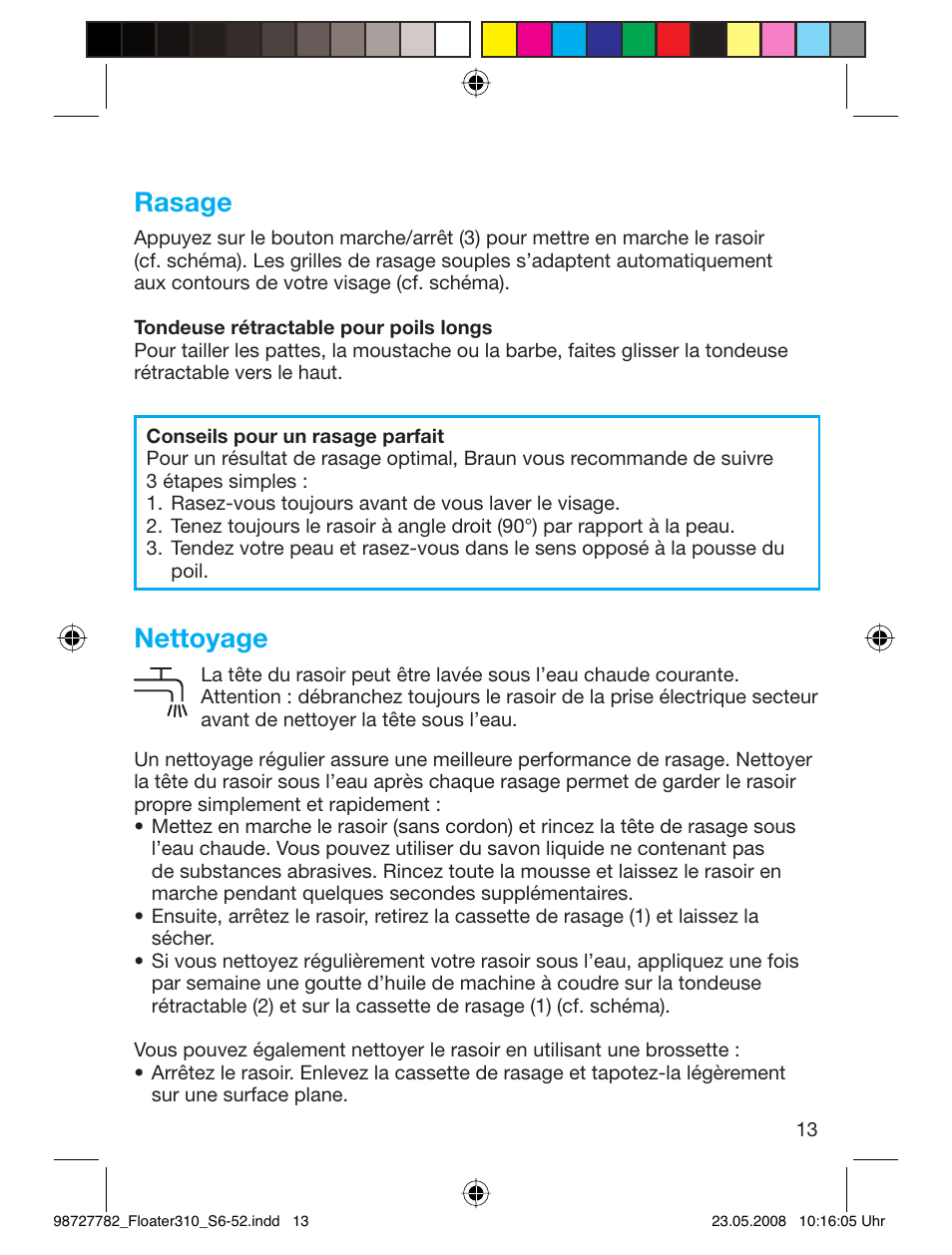 Rasage, Nettoyage | Braun 310 Series 3 User Manual | Page 12 / 49