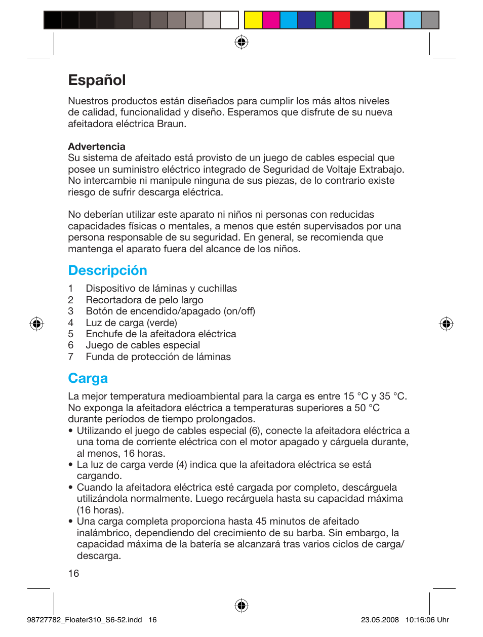 Español, Descripción, Carga | Braun 310 Series 3 User Manual | Page 15 / 49