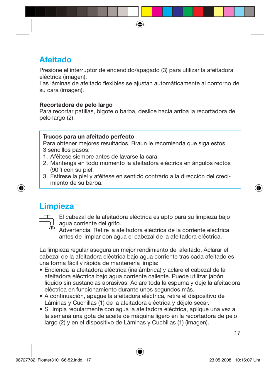 Afeitado, Limpieza | Braun 310 Series 3 User Manual | Page 16 / 49