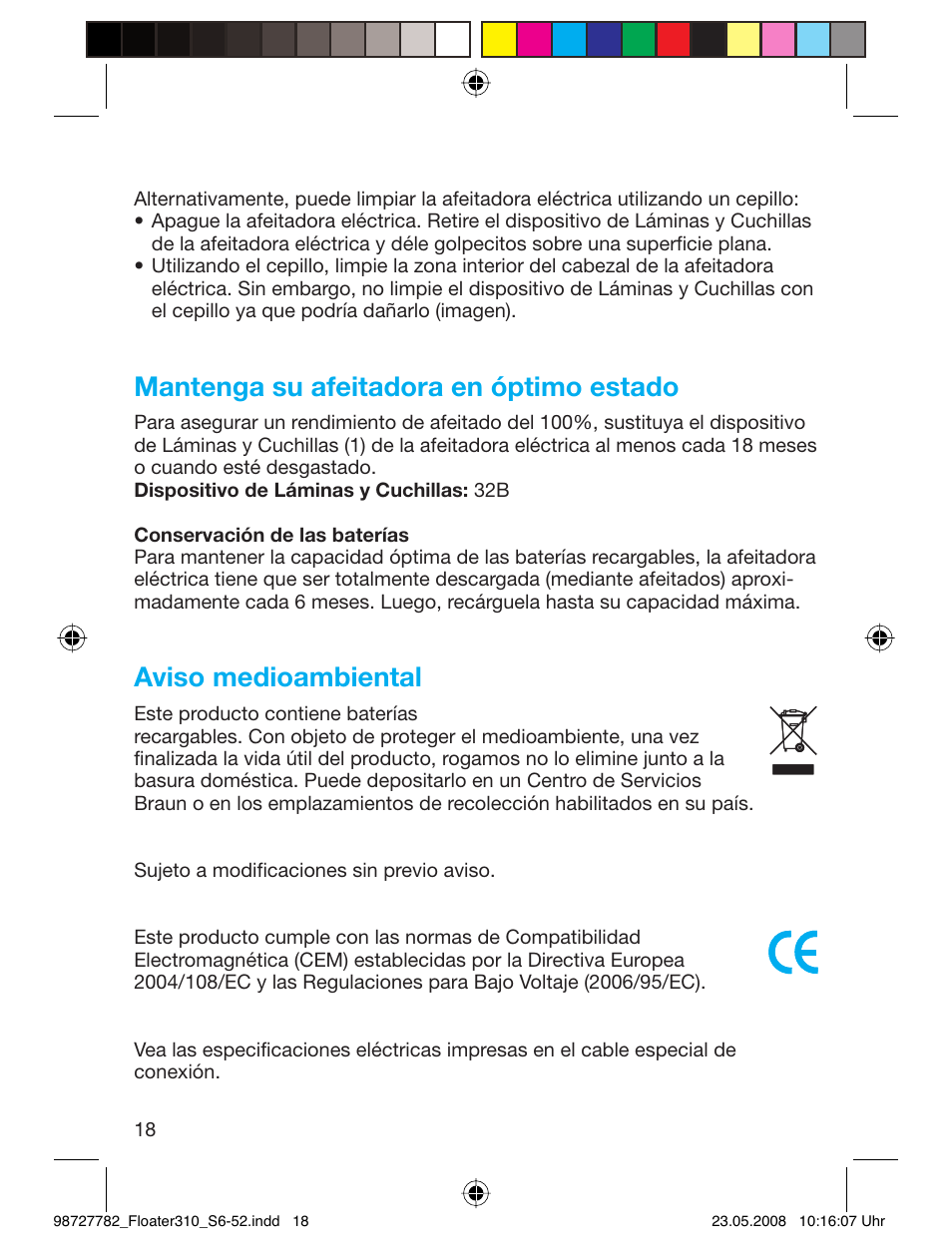 Mantenga su afeitadora en óptimo estado, Aviso medioambiental | Braun 310 Series 3 User Manual | Page 17 / 49