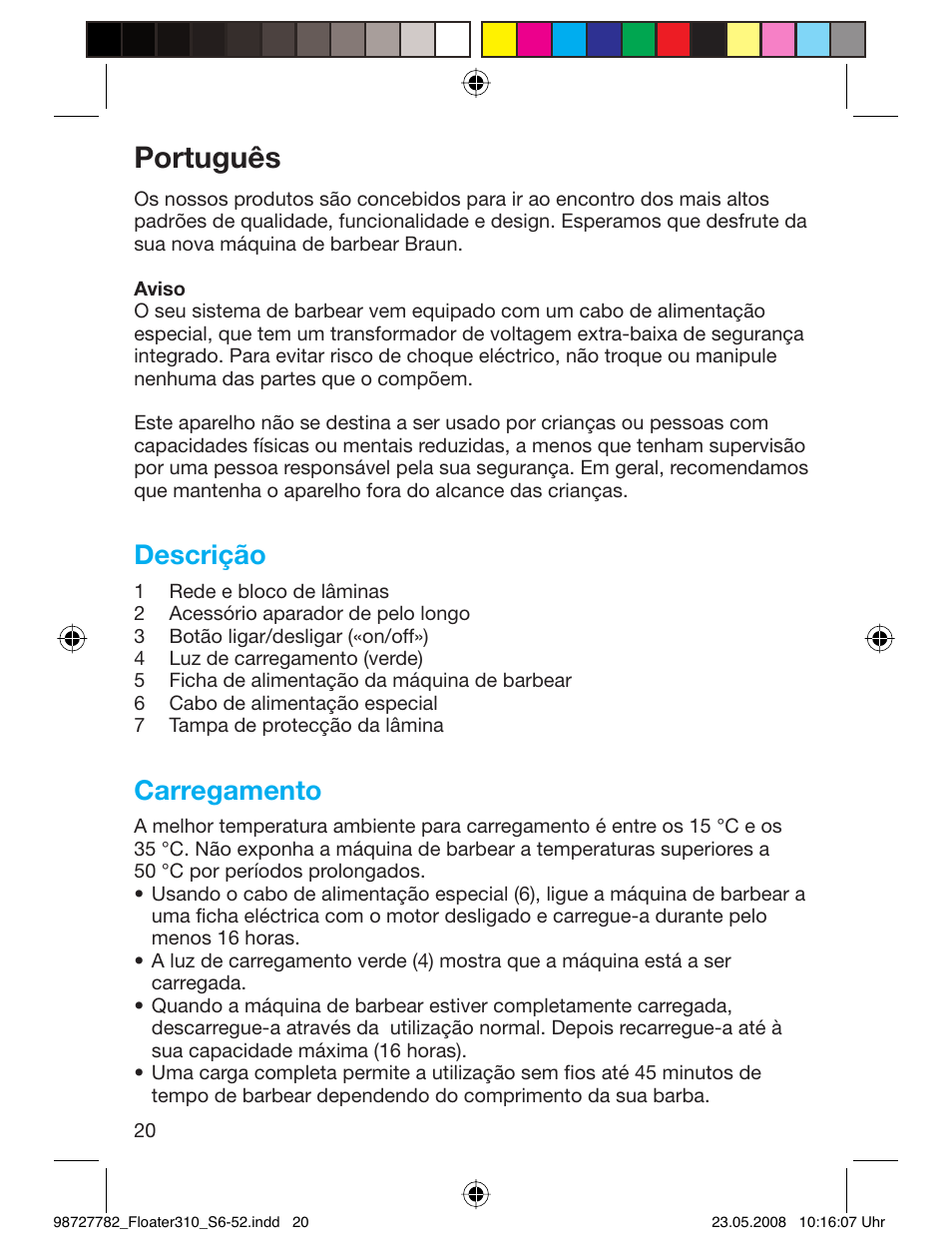 Português, Descrição, Carregamento | Braun 310 Series 3 User Manual | Page 19 / 49
