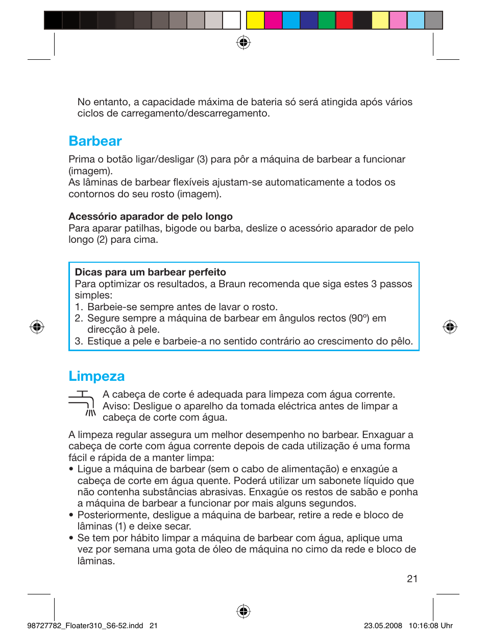 Barbear, Limpeza | Braun 310 Series 3 User Manual | Page 20 / 49