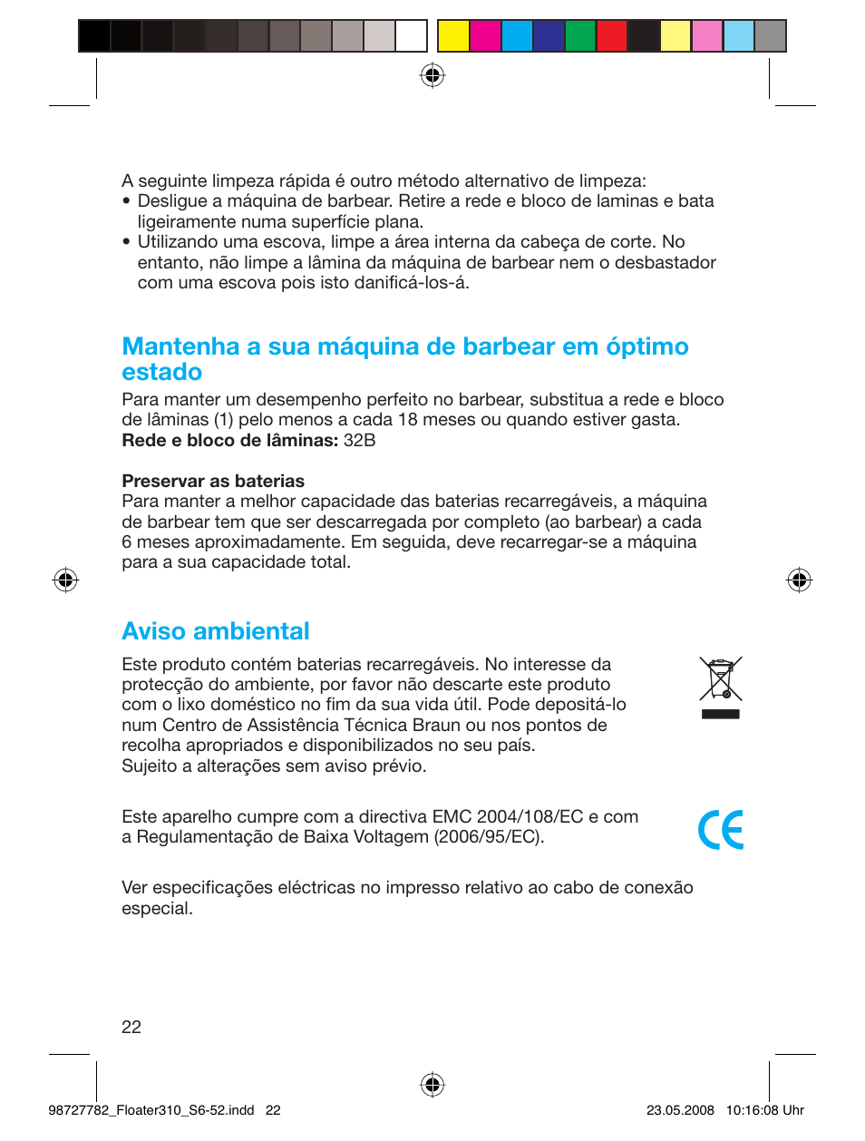 Mantenha a sua máquina de barbear em óptimo estado, Aviso ambiental | Braun 310 Series 3 User Manual | Page 21 / 49