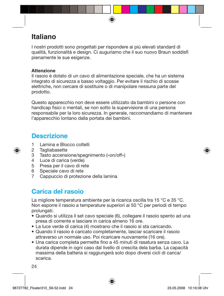 Italiano, Descrizione, Carica del rasoio | Braun 310 Series 3 User Manual | Page 23 / 49