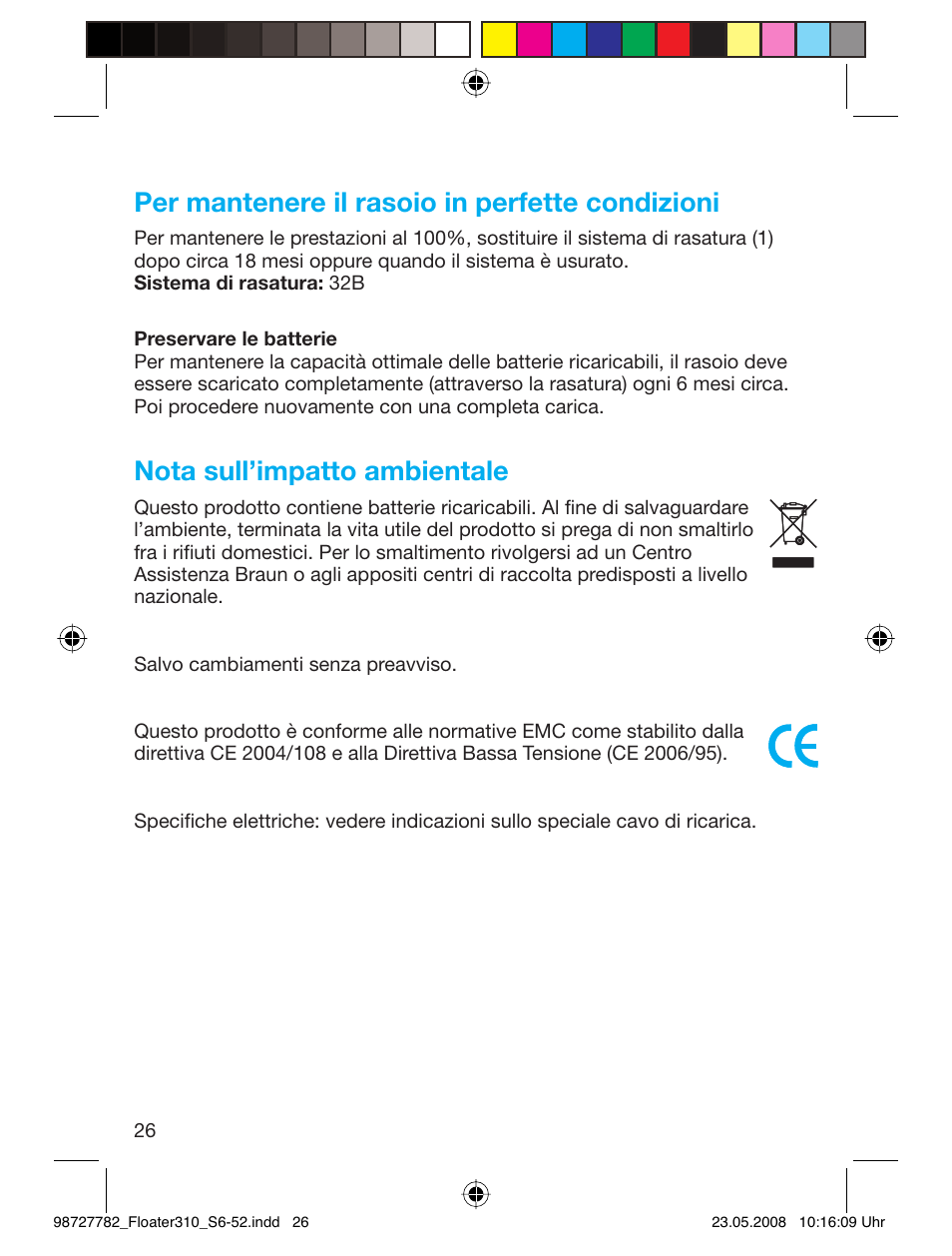 Per mantenere il rasoio in perfette condizioni, Nota sull’impatto ambientale | Braun 310 Series 3 User Manual | Page 25 / 49