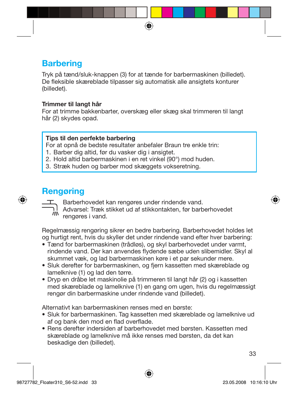 Barbering, Rengøring | Braun 310 Series 3 User Manual | Page 32 / 49