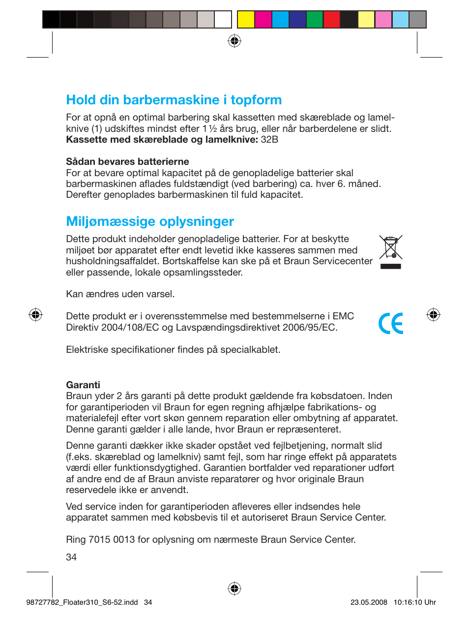 Hold din barbermaskine i topform, Miljømæssige oplysninger | Braun 310 Series 3 User Manual | Page 33 / 49