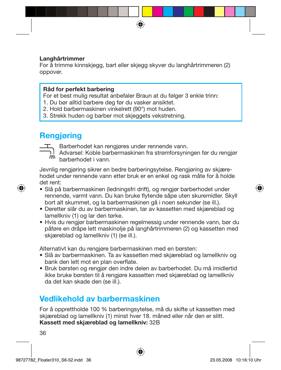 Rengjøring, Vedlikehold av barbermaskinen | Braun 310 Series 3 User Manual | Page 35 / 49