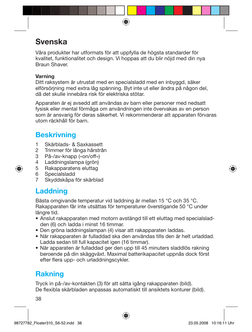 Svenska, Beskrivning, Laddning | Rakning | Braun 310 Series 3 User Manual | Page 37 / 49